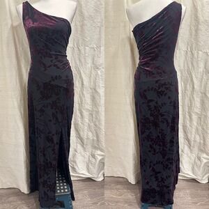 VTG 90s CDC Evening One Shoulder Burnout Velvet Floral Gown Plum Black Prom Sz 6